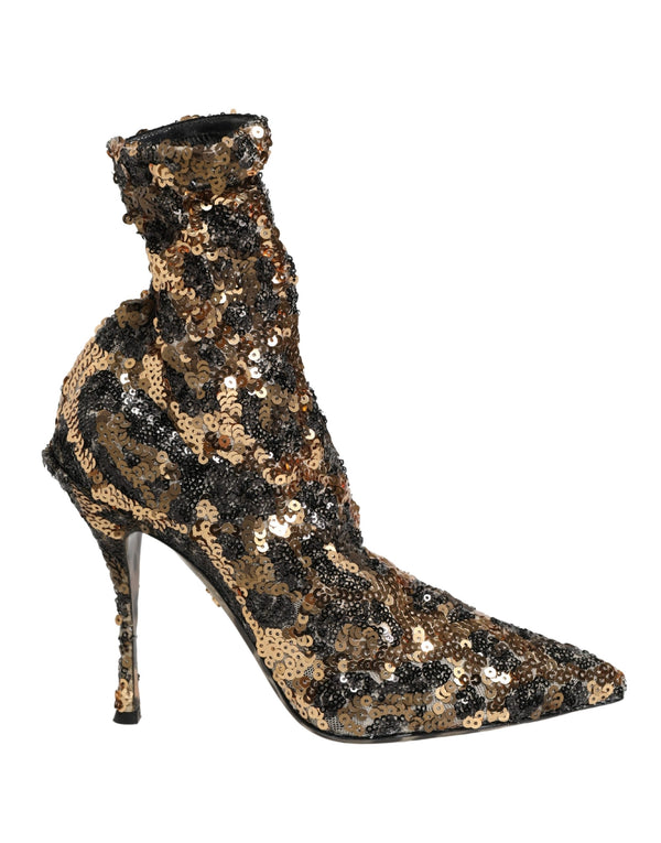 Dolce & Gabbana | Gold Leopard Sequin Sock Ankle Boots Shoes