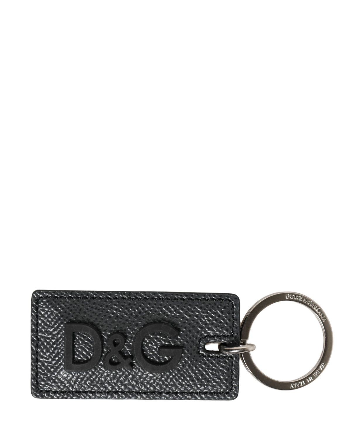 Dolce & Gabbana | Black Calf Leather D&G Logo Metal Ring Keyring Keychain