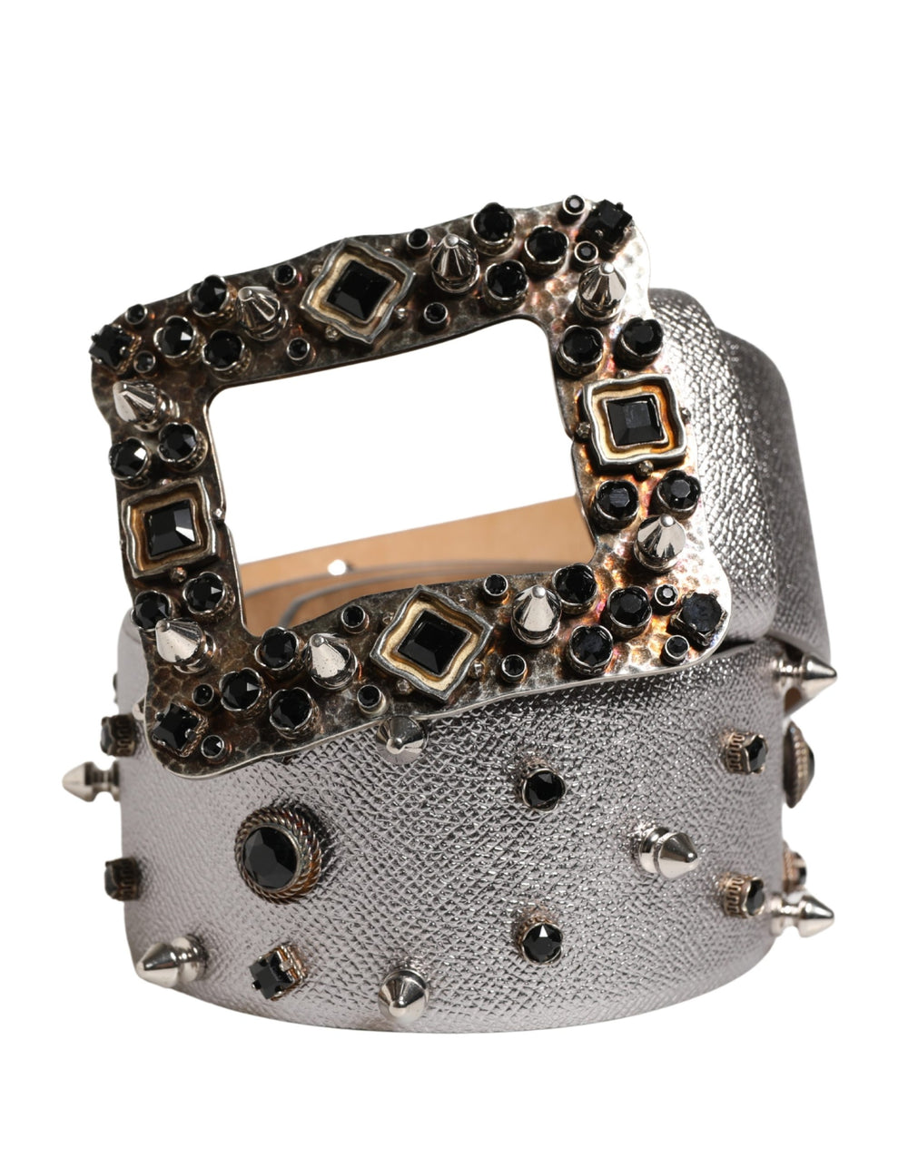 Dolce & Gabbana | Silver Leather Crystal Metal Buckle Belt