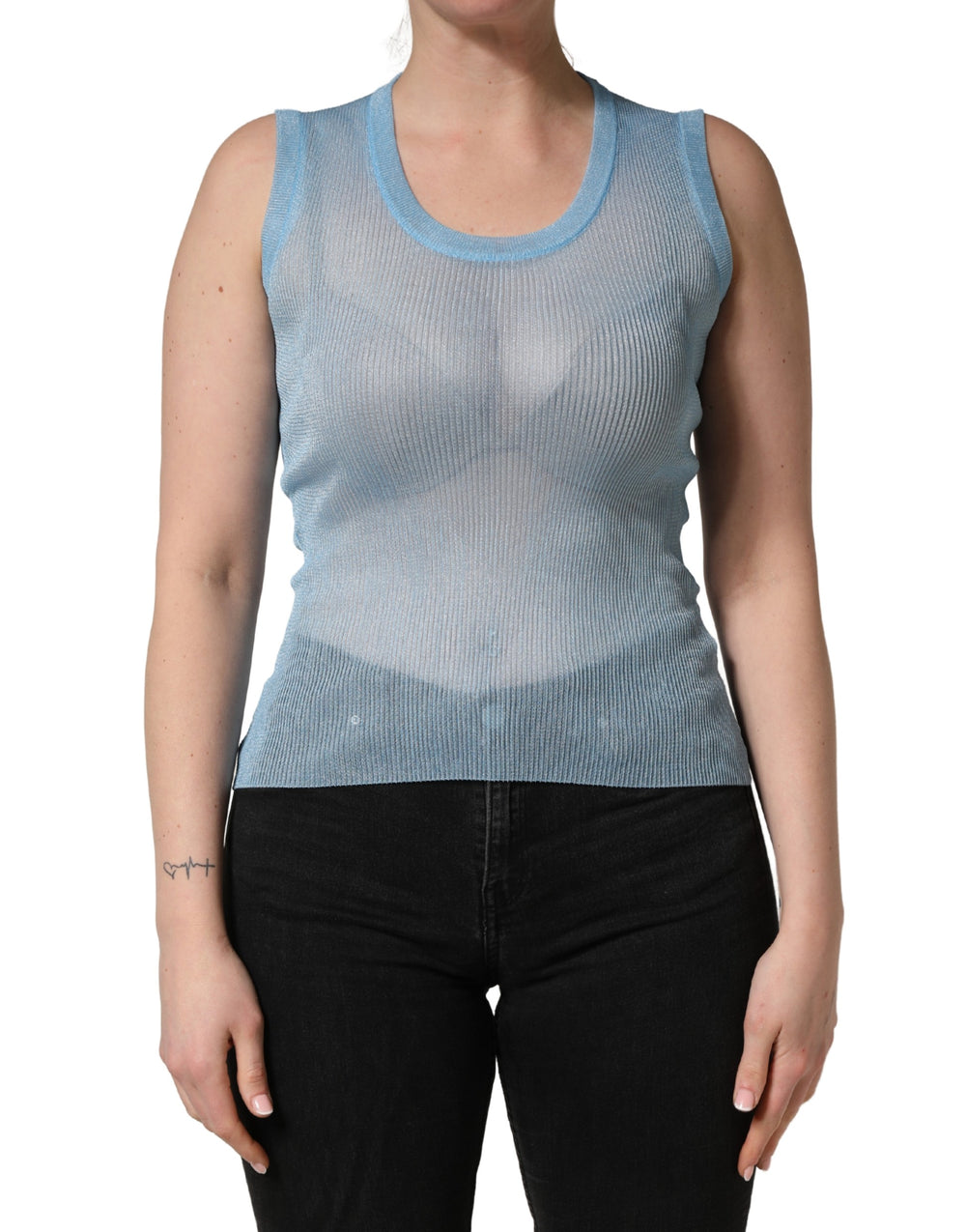 Dolce & Gabbana | Blue Semi Sheer Ribbed Sleeveless Tank Top