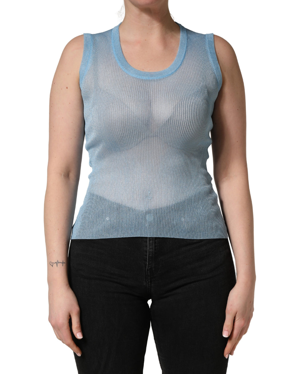 Dolce & Gabbana | Blue Semi Sheer Ribbed Sleeveless Tank Top