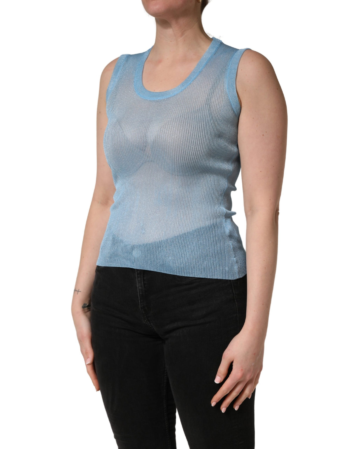 Dolce & Gabbana | Blue Semi Sheer Ribbed Sleeveless Tank Top