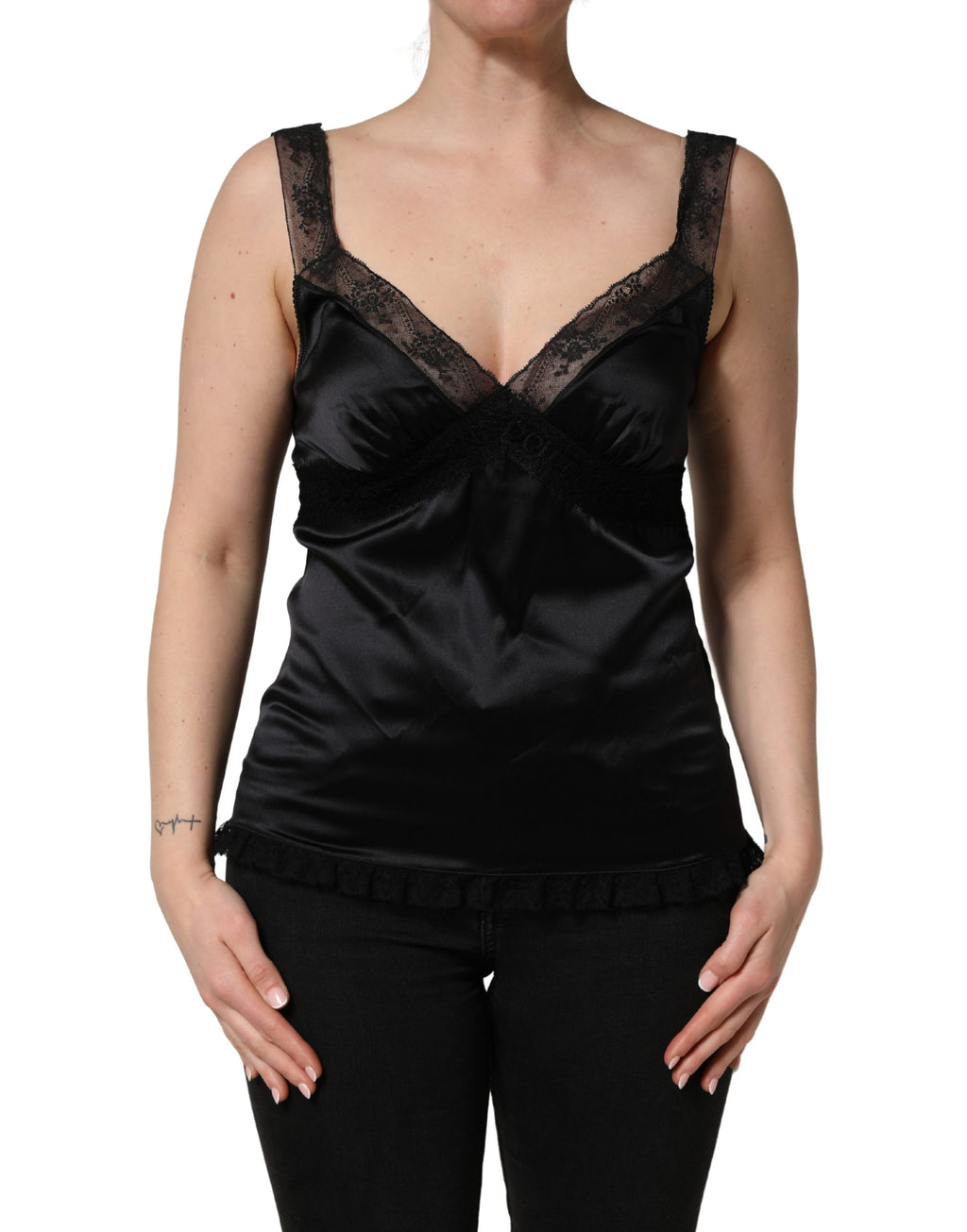 Dolce & Gabbana | Black Silk Lace Trim Camisole V-neckline Tank Top