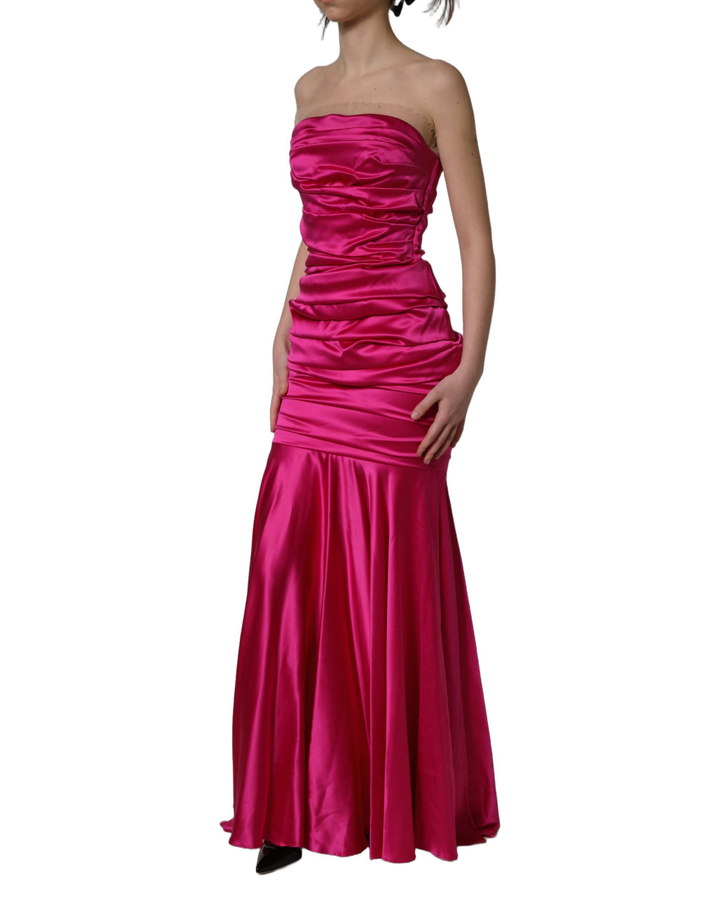 Dolce & Gabbana | Hot Pink Ruched Satin Strapless Gown Dress