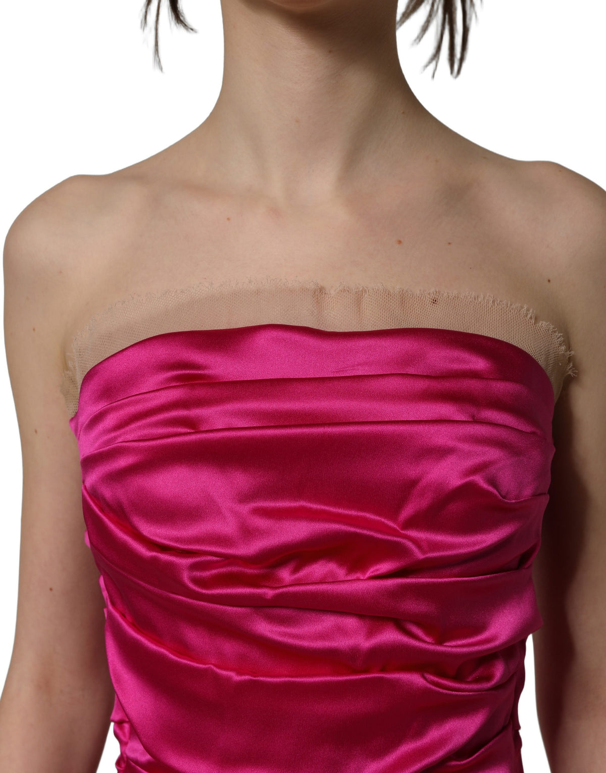 Dolce & Gabbana | Hot Pink Ruched Satin Strapless Gown Dress