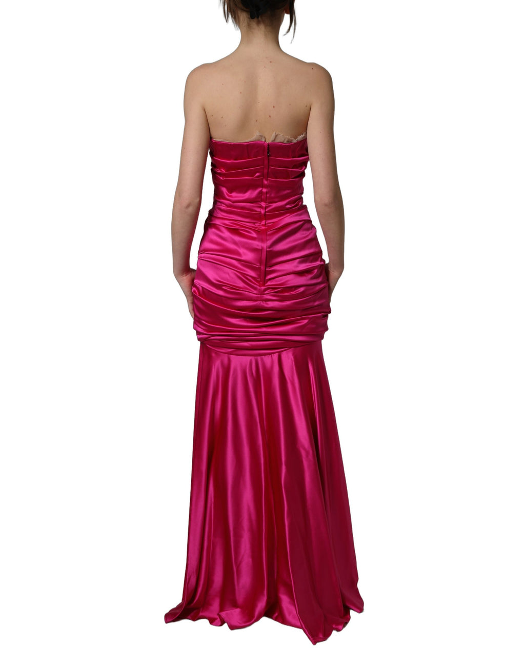 Dolce & Gabbana | Hot Pink Ruched Satin Strapless Gown Dress