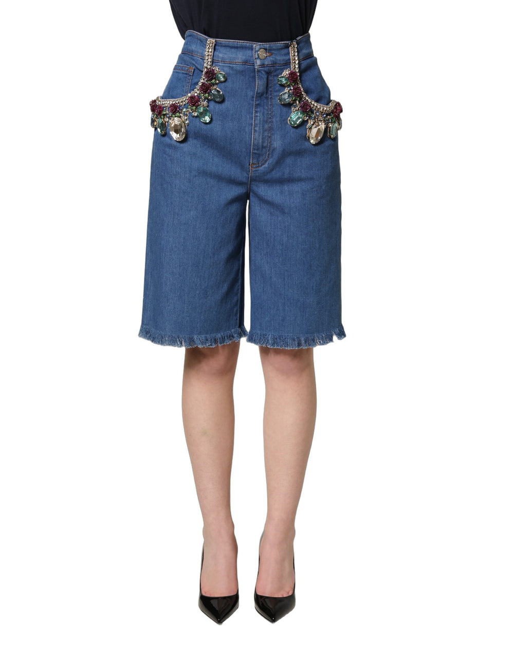 Dolce & Gabbana | Blue Cotton Embellished BermudaDenim Shorts