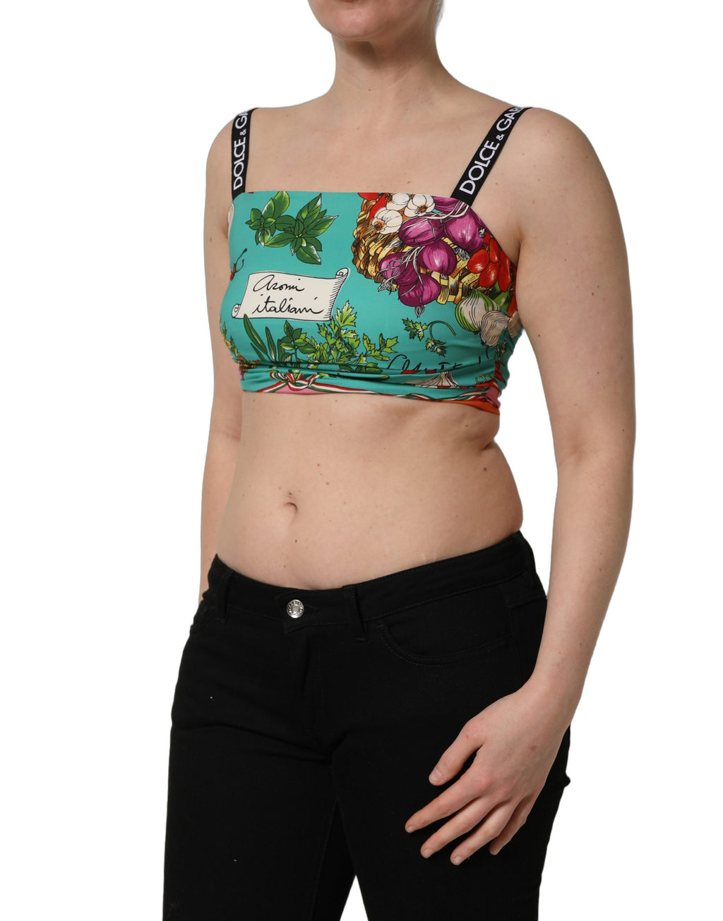 Dolce & Gabbana | Turquoise Vegetable Print Silk Crop Tank Top