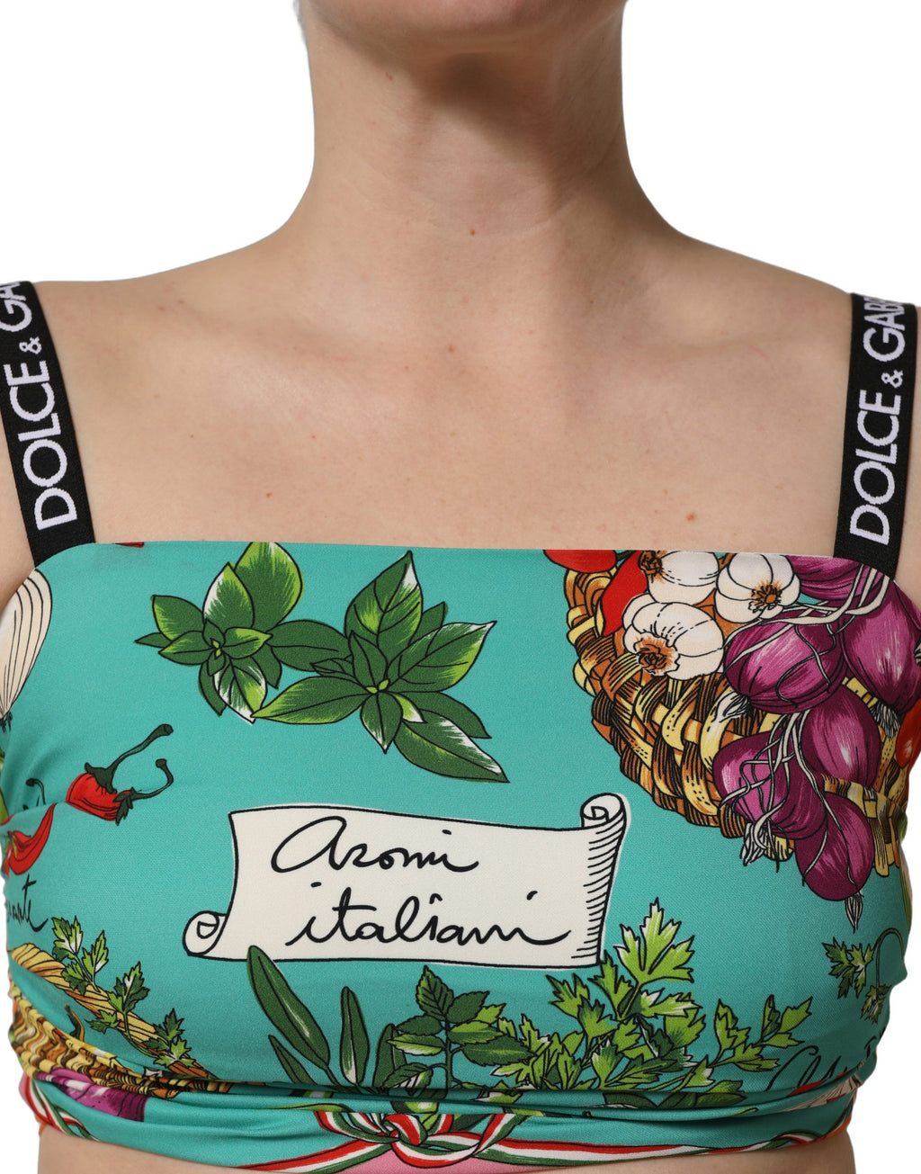Dolce & Gabbana | Turquoise Vegetable Print Silk Crop Tank Top