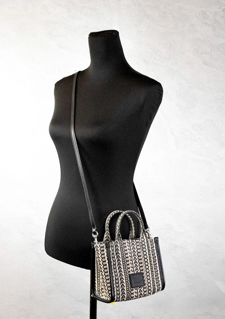 Marc Jacobs | The Monogram Beige Mini Tote Woven Jacquard Canvas Crossbody Handbag