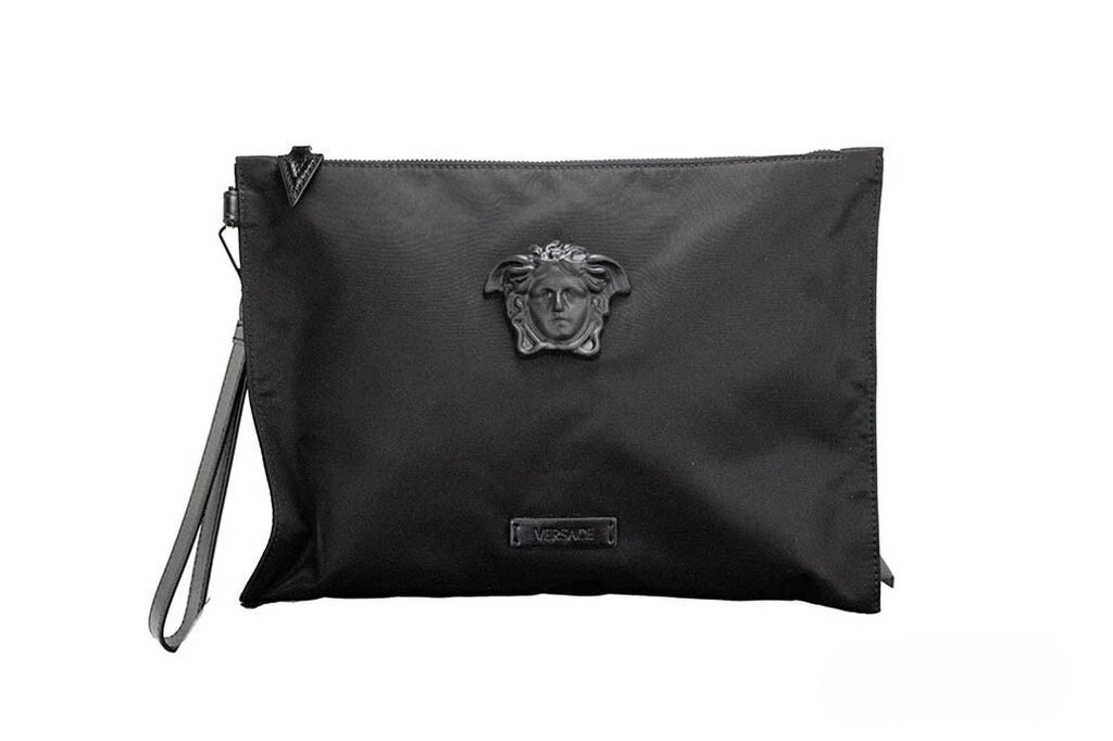 Versace | Large Black Nylon Fabric Medusa Convertible Pouch Clutch Wristlet Bag