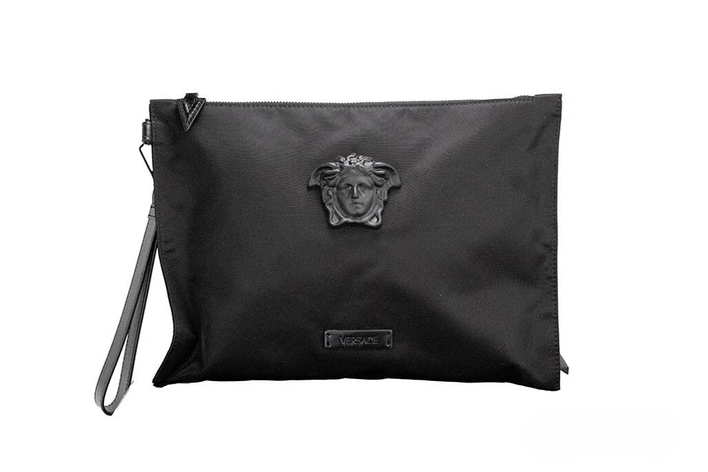 Versace | Large Black Nylon Fabric Medusa Convertible Pouch Clutch Wristlet Bag