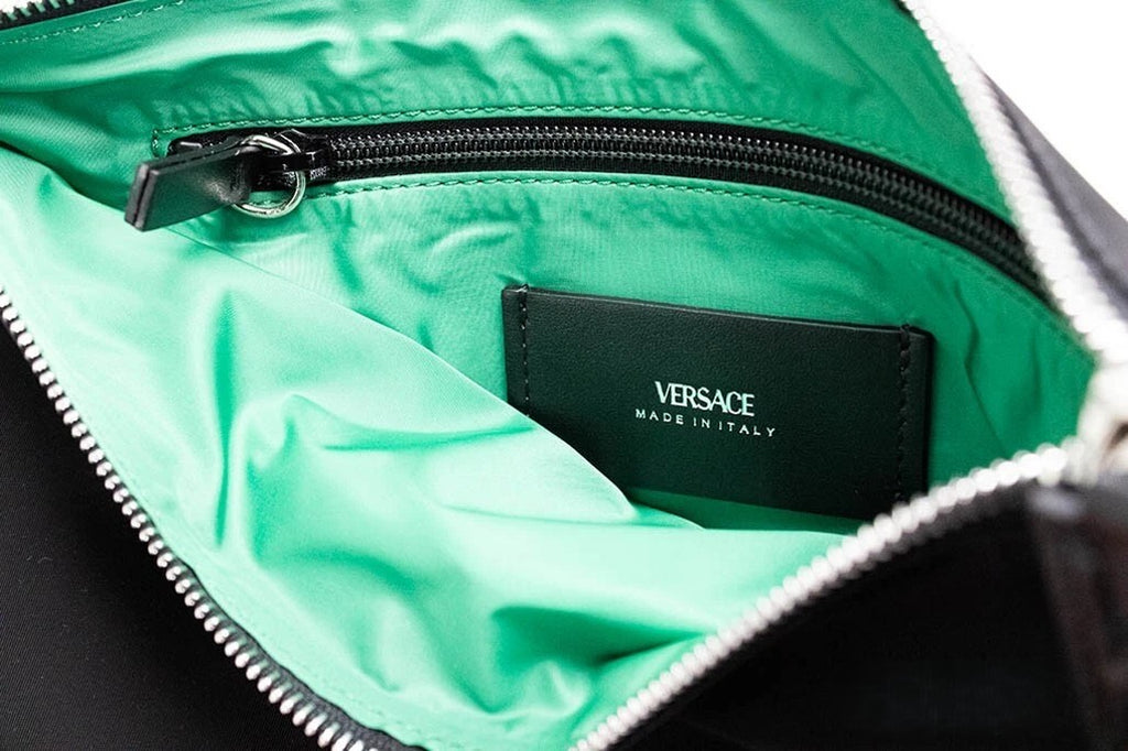 Versace | Large Black Nylon Fabric Medusa Convertible Pouch Clutch Wristlet Bag