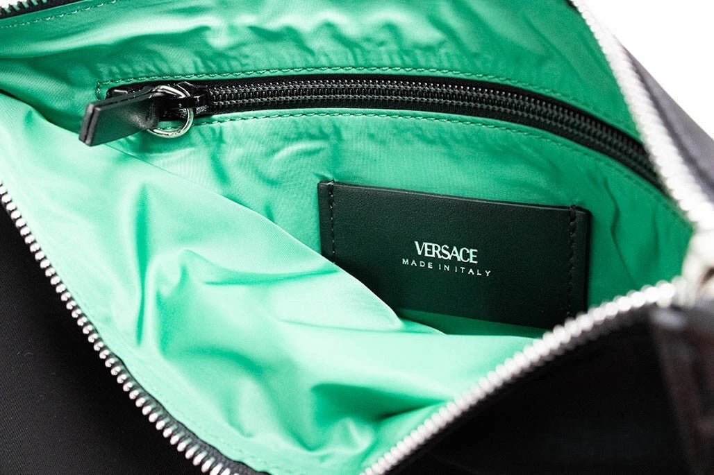 Versace | Large Black Nylon Fabric Medusa Convertible Pouch Clutch Wristlet Bag