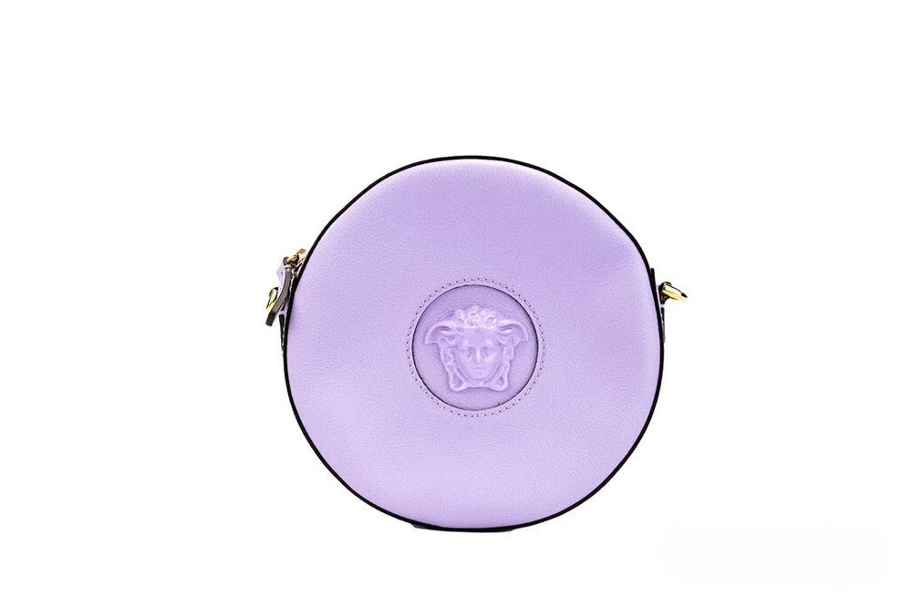 Versace | Round Disco Lilac Pebbled Leather Camera Case Crossbody Bag Purse