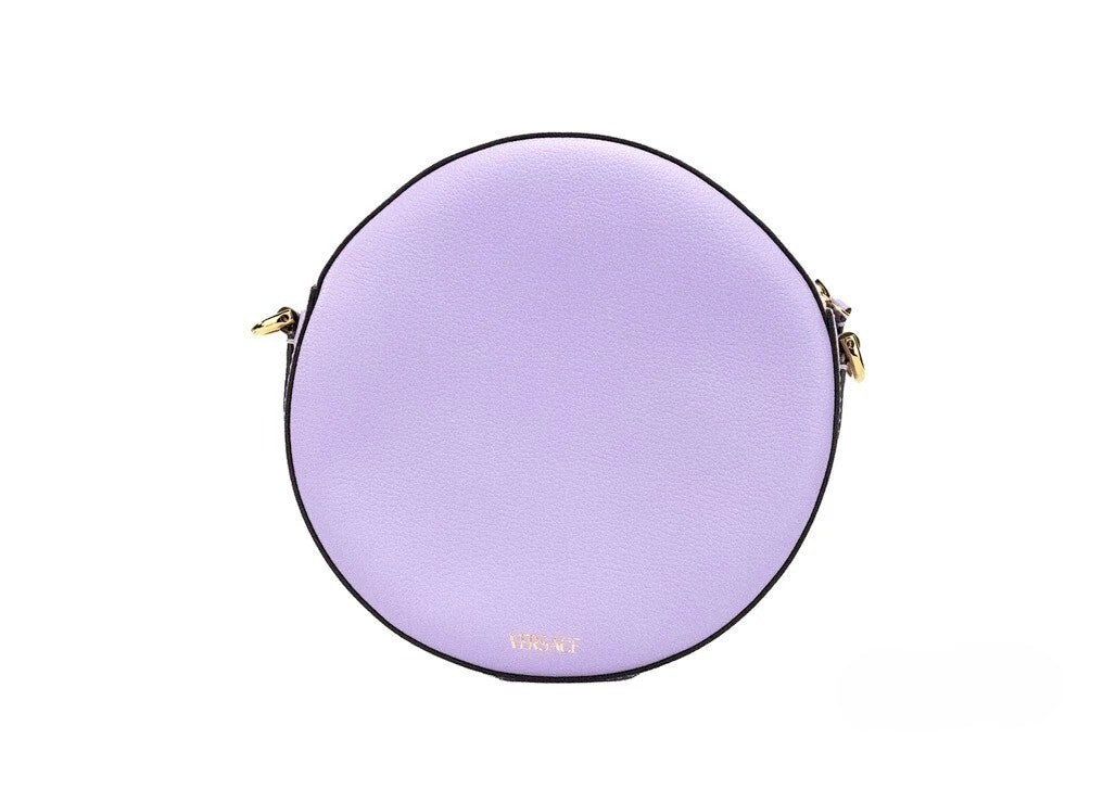 Versace | Round Disco Lilac Pebbled Leather Camera Case Crossbody Bag Purse