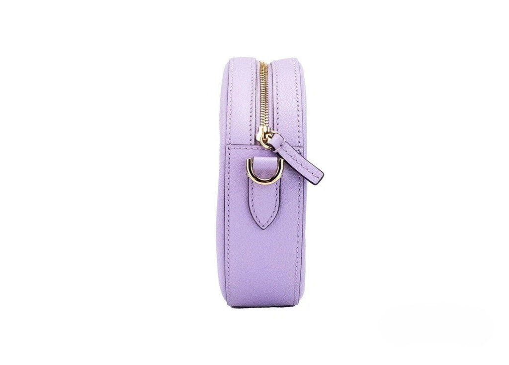 Versace | Round Disco Lilac Pebbled Leather Camera Case Crossbody Bag Purse