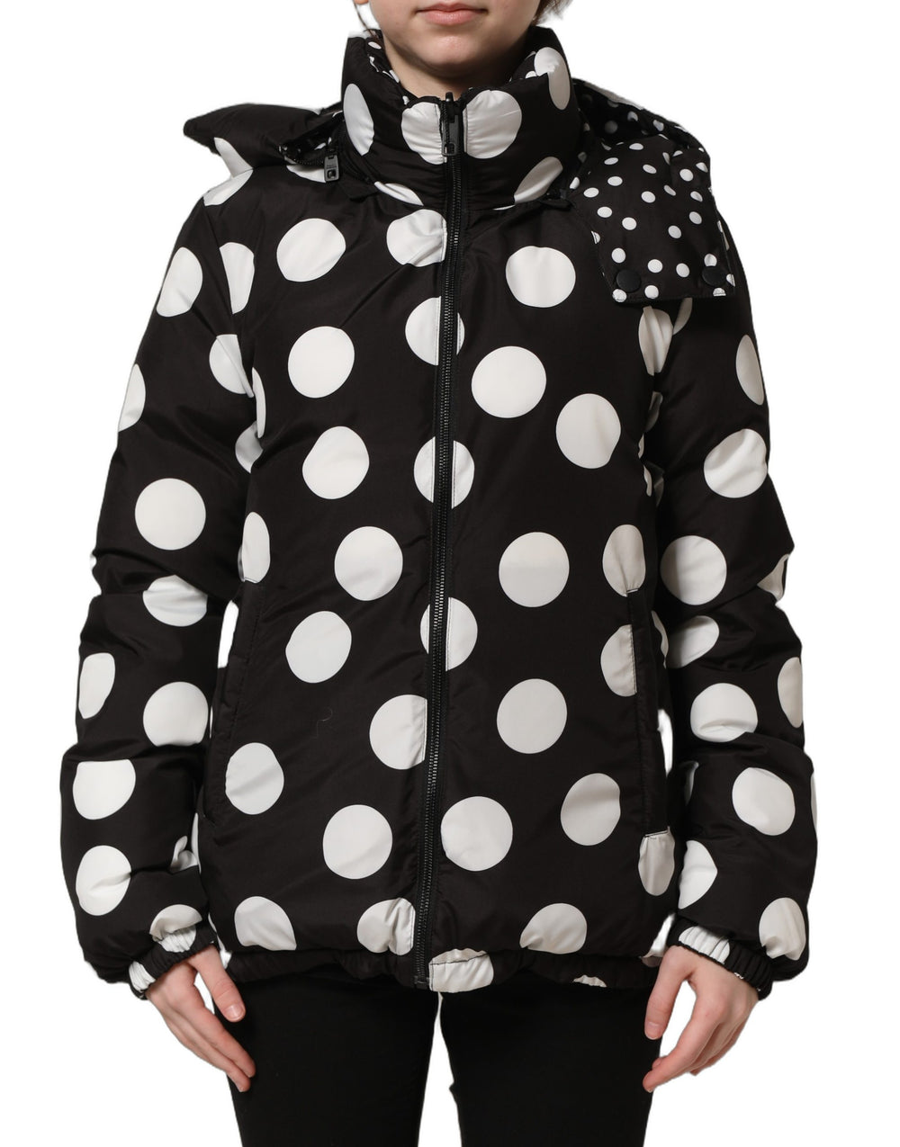 Dolce & Gabbana | Black White Polka Dot Hooded Blouson Jacket