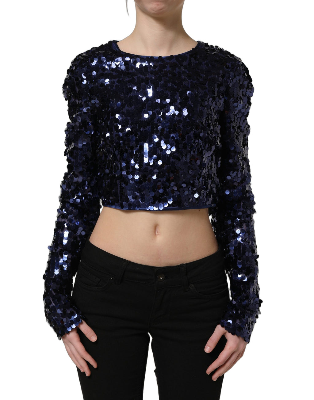 Dolce & Gabbana | Blue Sequined Long Sleeves Crop Blouse Top