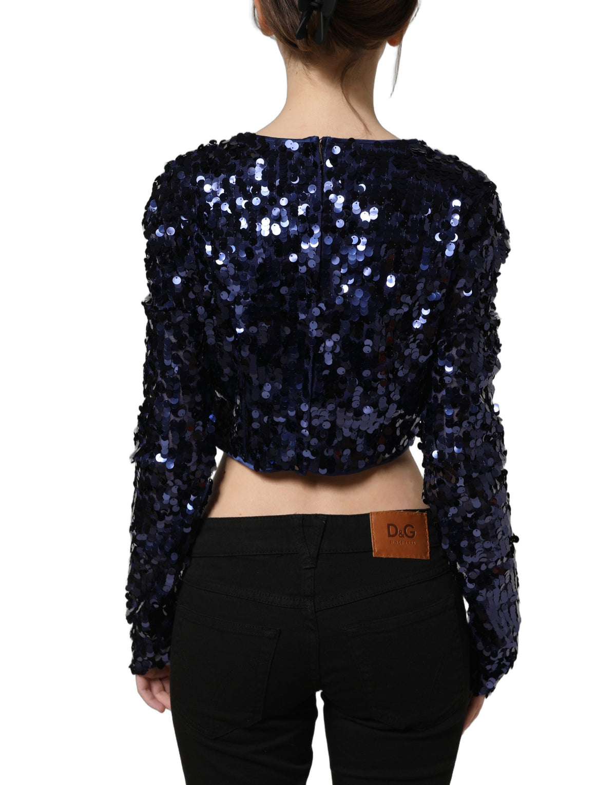Dolce & Gabbana | Blue Sequined Long Sleeves Crop Blouse Top
