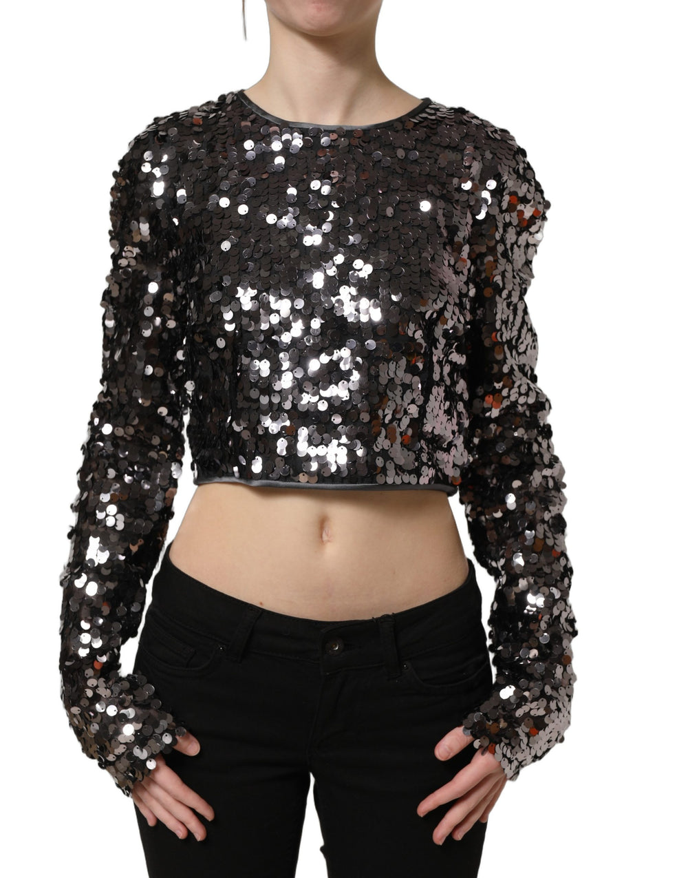 Dolce & Gabbana | Black Sequined Long Sleeves Crop Blouse Top