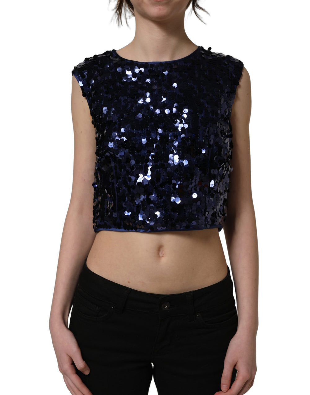 Dolce & Gabbana | Blue Sequined Sleeveless Cropped Tank Top