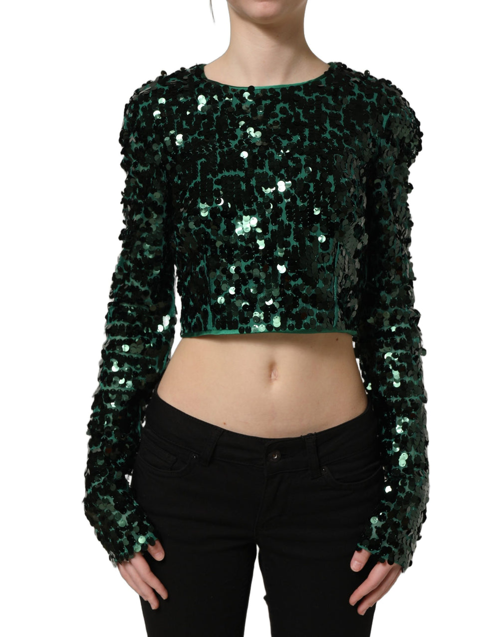 Dolce & Gabbana | Green Sequined Long Sleeves Crop Blouse Top