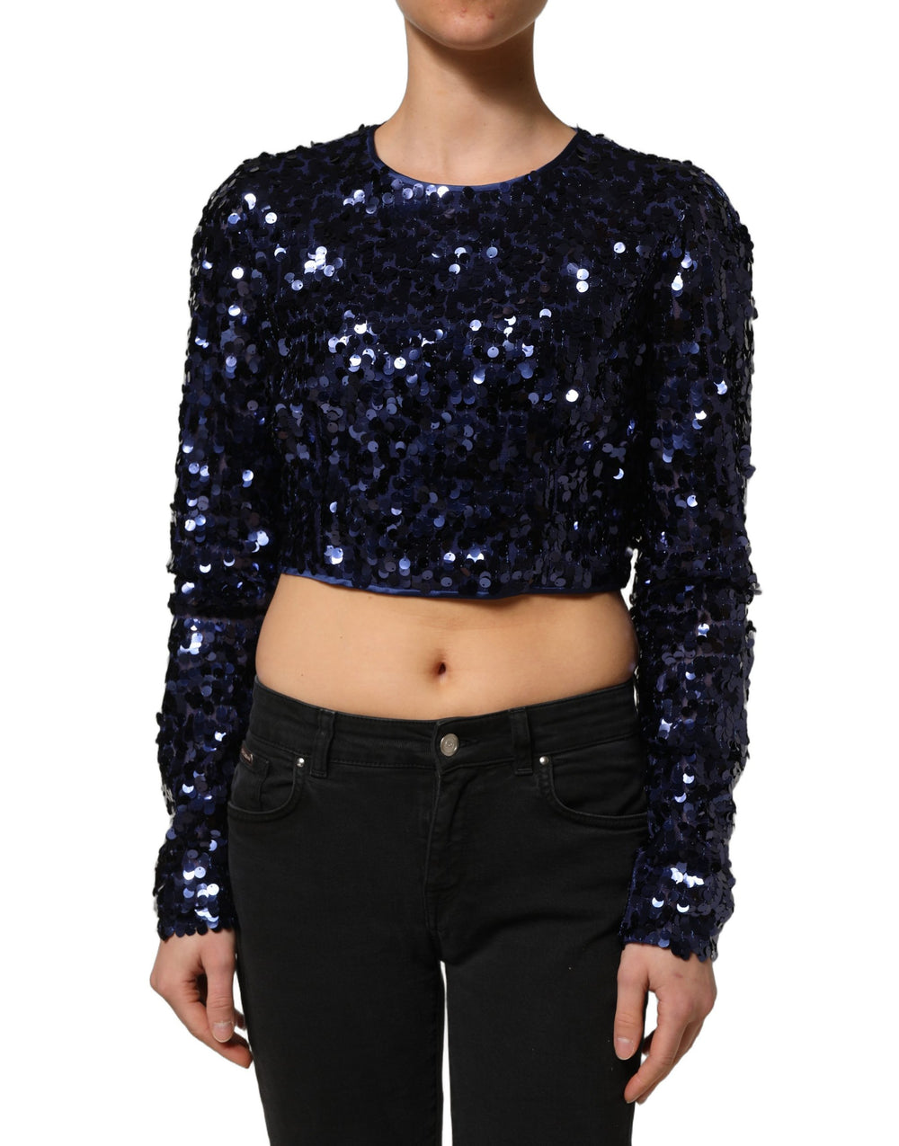 Dolce & Gabbana | Blue Sequined Long Sleeves Crop Blouse Top