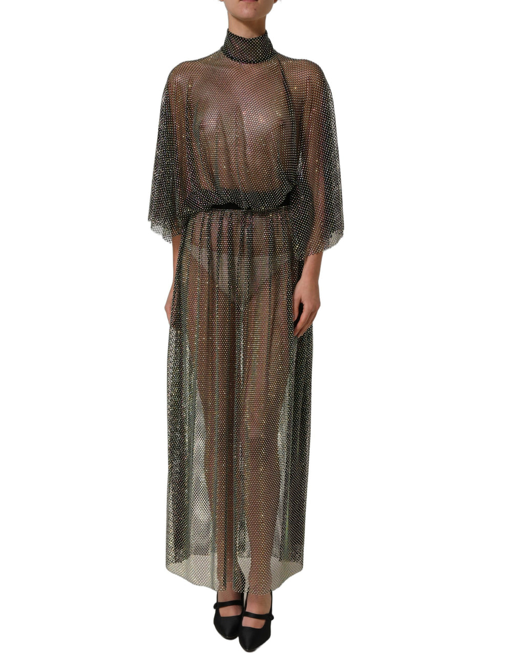 Dolce & Gabbana | Black Rhinestone Mesh Turtleneck Maxi Dress