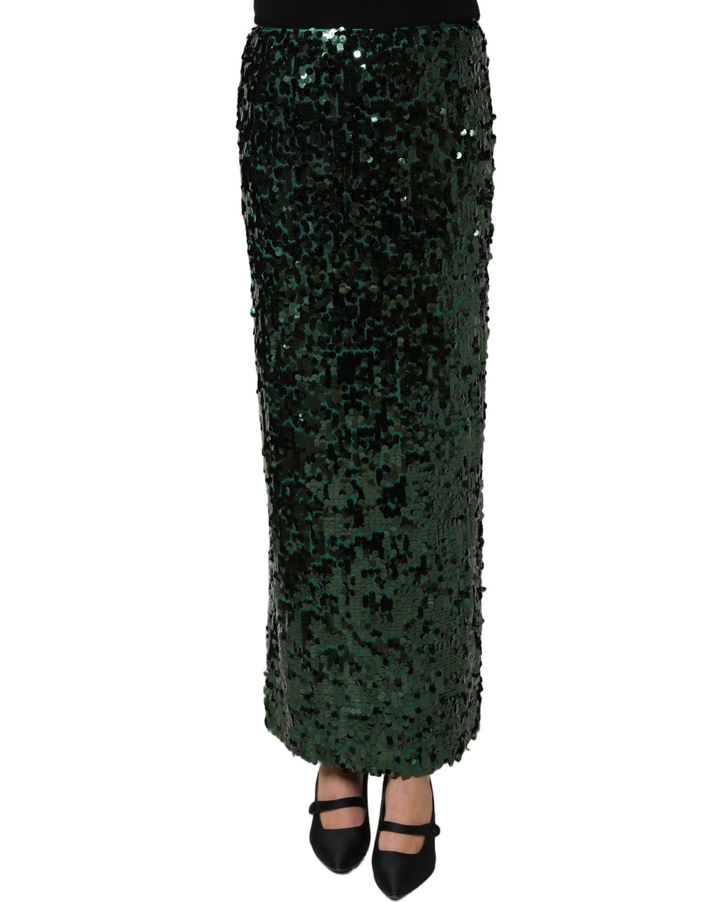Dolce & Gabbana | Green Sequin High Waist Pencil Cut Midi Skirt