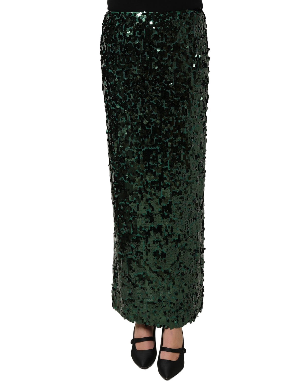 Dolce & Gabbana | Green Sequin High Waist Pencil Cut Midi Skirt