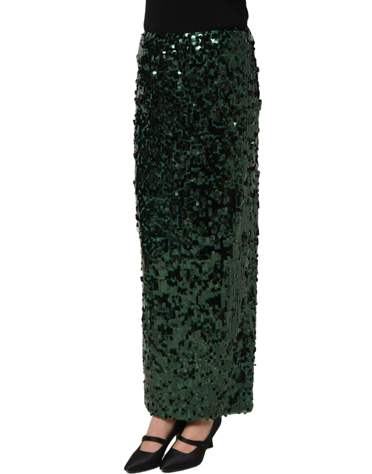 Dolce & Gabbana | Green Sequin High Waist Pencil Cut Midi Skirt