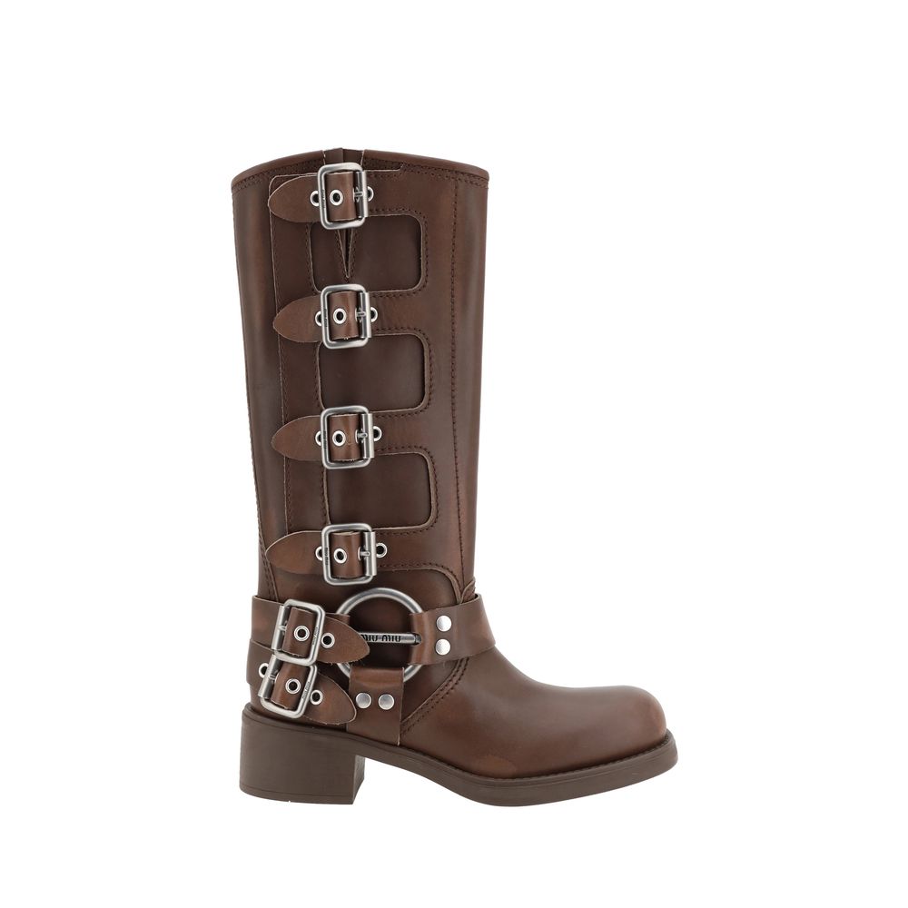 Miu Miu | Brown Calf Leather Bos Taurus Lace-Up Boots