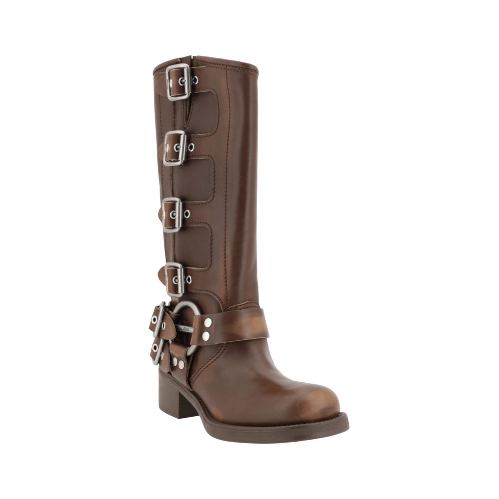 Miu Miu | Brown Calf Leather Bos Taurus Lace-Up Boots
