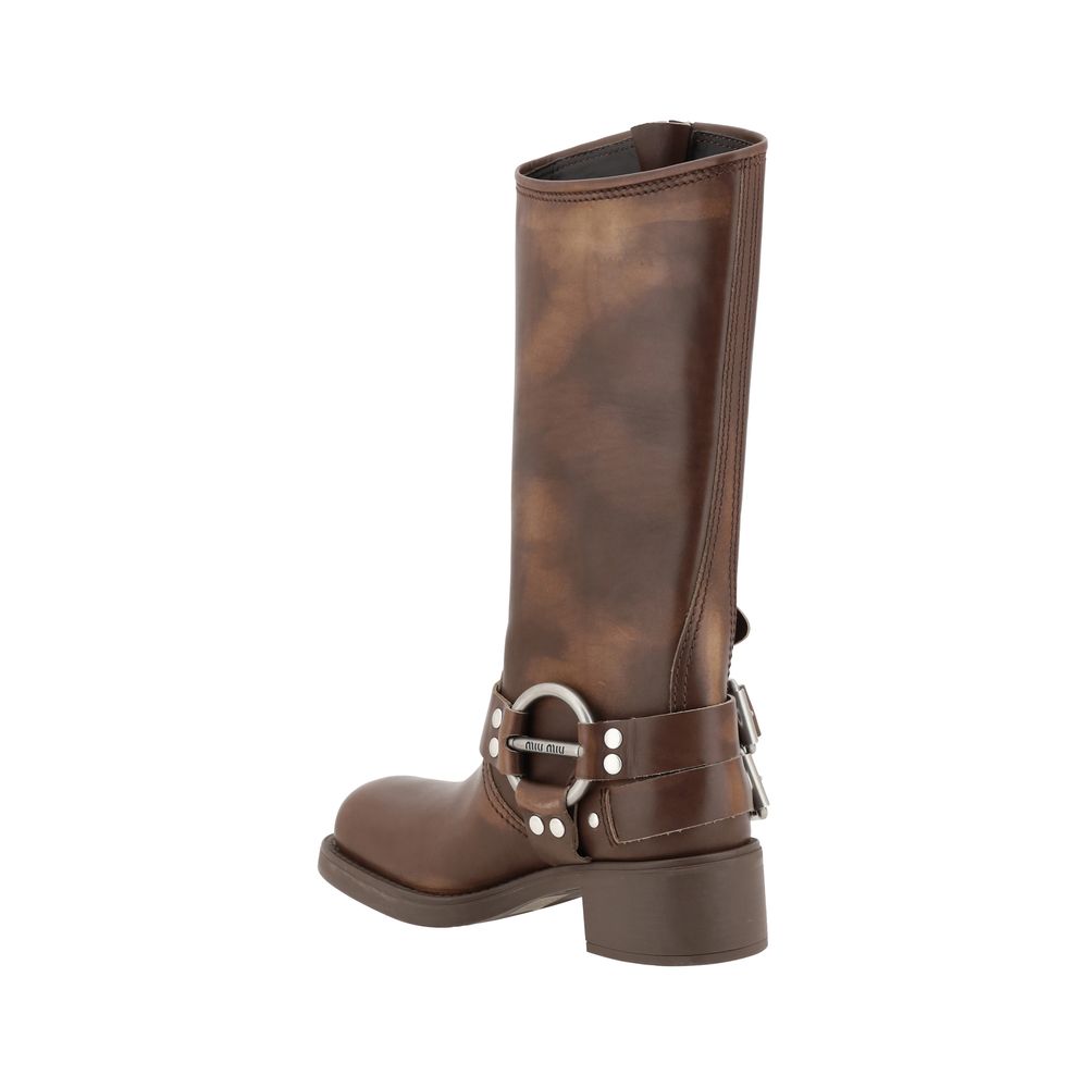 Miu Miu | Brown Calf Leather Bos Taurus Lace-Up Boots