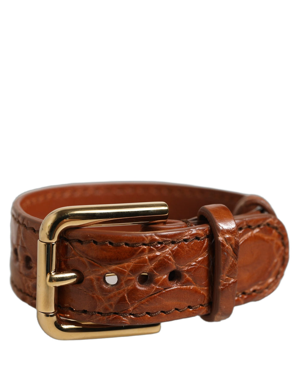 Dolce & Gabbana | Brown Textured Leather Gold Buckle Belt Strap Bracelet