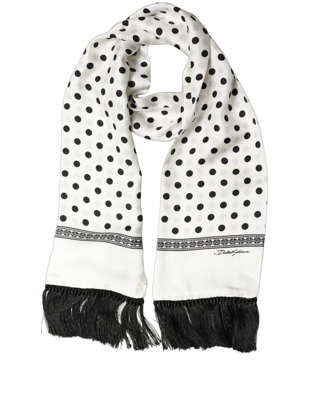 Dolce & Gabbana | White Black Polka Dot Fringed Shawl Scarf