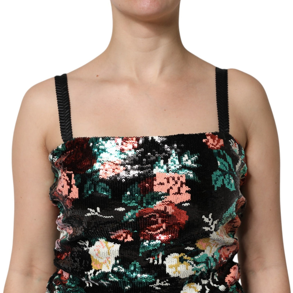 Dolce & Gabbana | Black Floral Sequin Sleeveless Sheath Dress