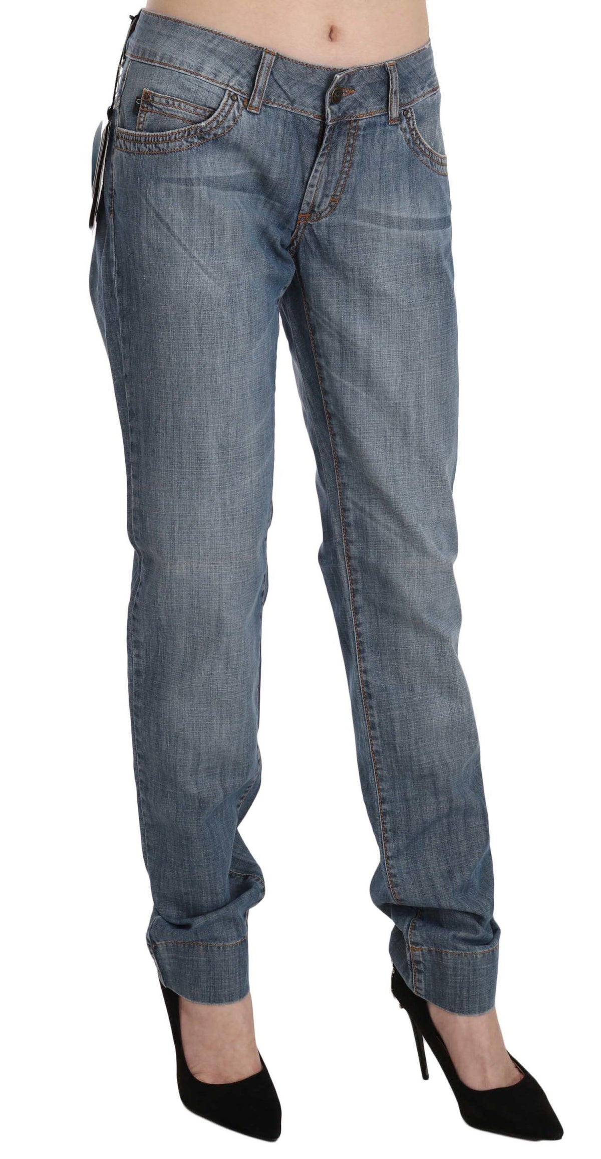 Just Cavalli | Blue Washed Cotton Low Waist Slim Fit Denim Pants