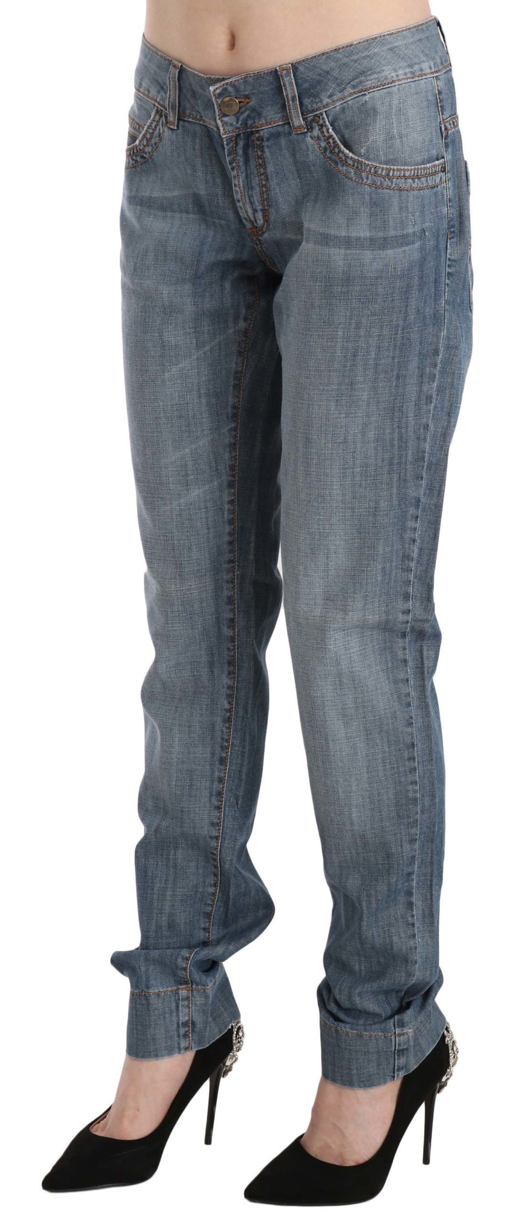 Just Cavalli | Blue Washed Cotton Low Waist Slim Fit Denim Pants