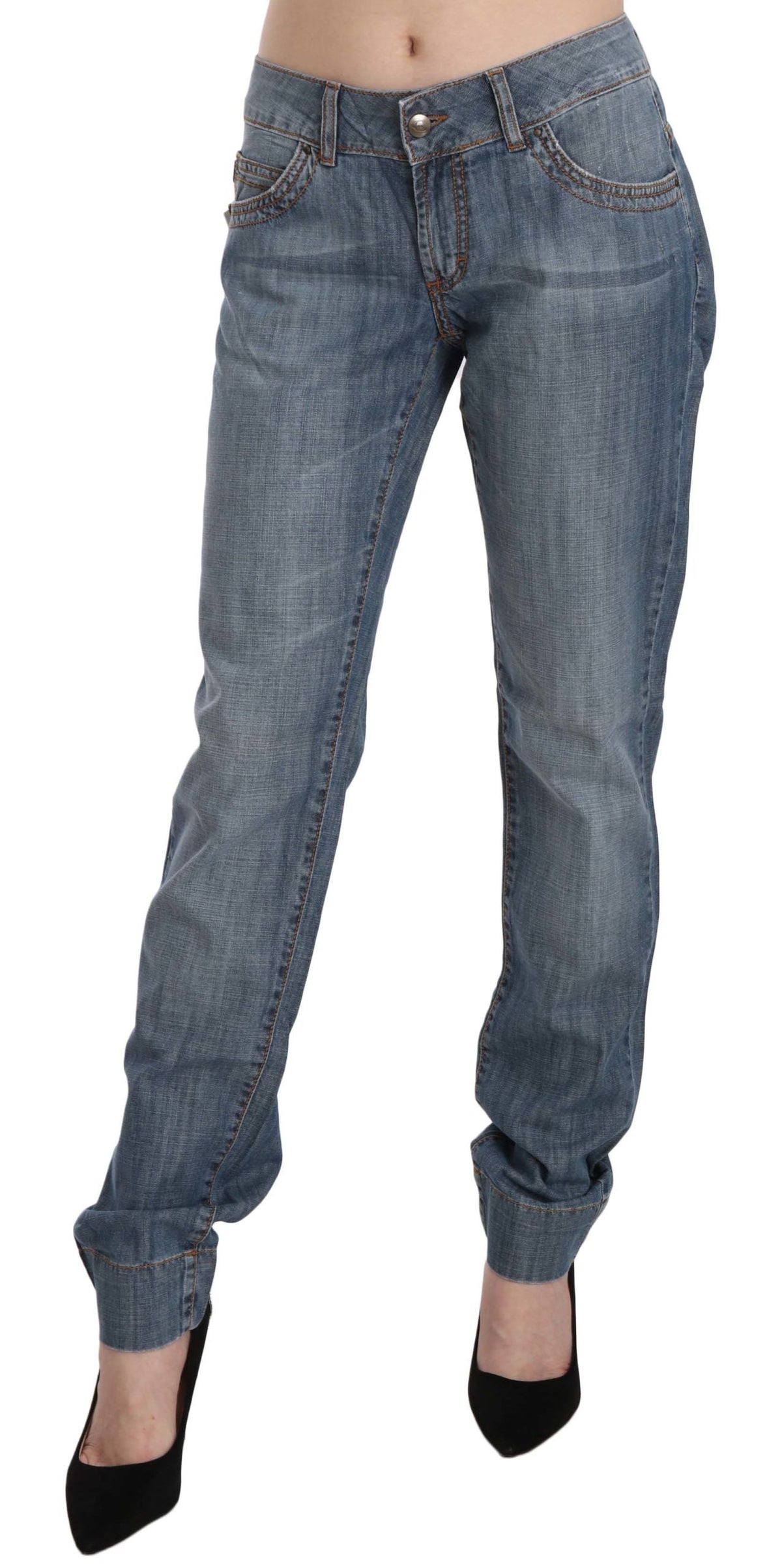 Just Cavalli | Blue Washed Cotton Low Waist Slim Fit Denim Pants
