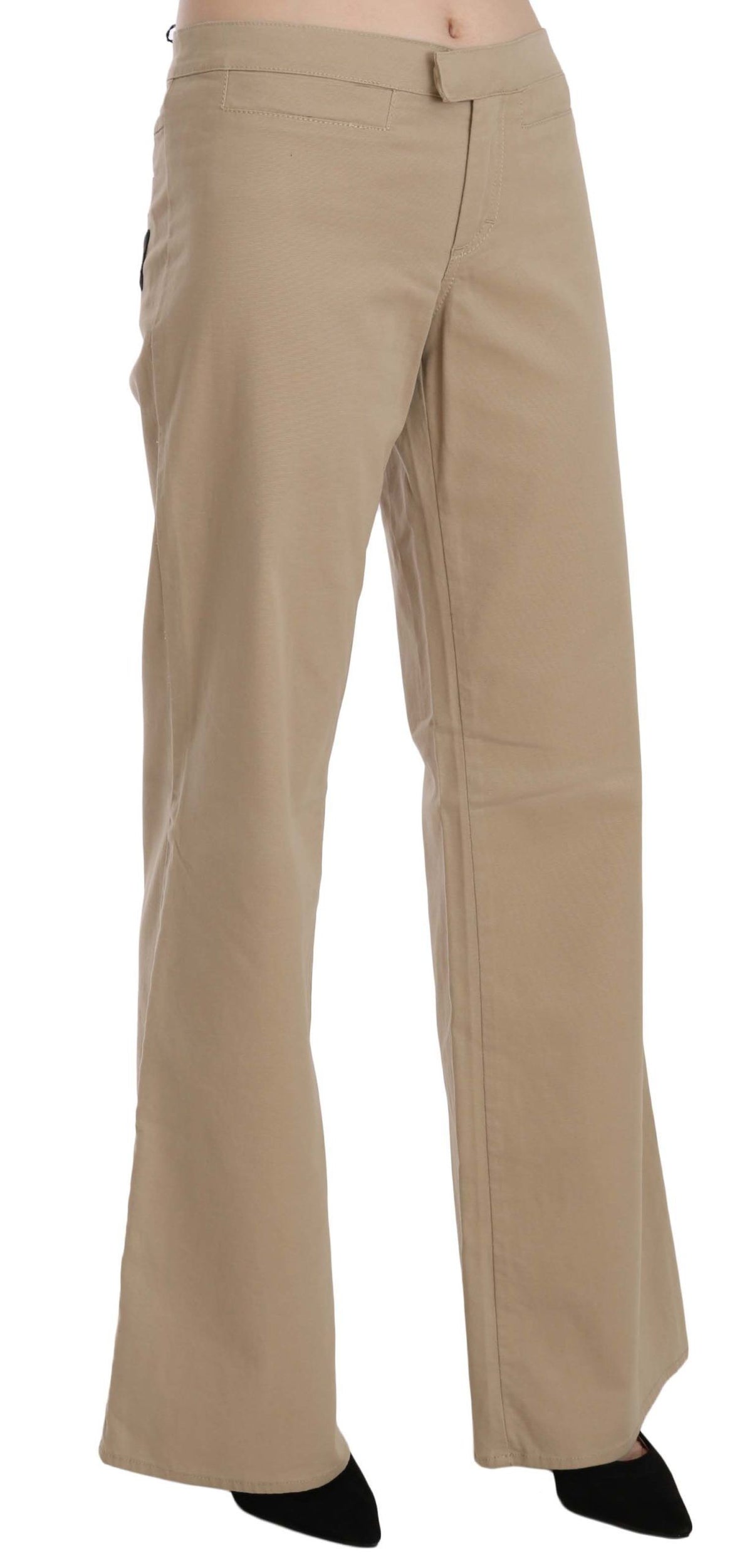 Just Cavalli | Beige Cotton Mid Waist Flared Trousers Pants