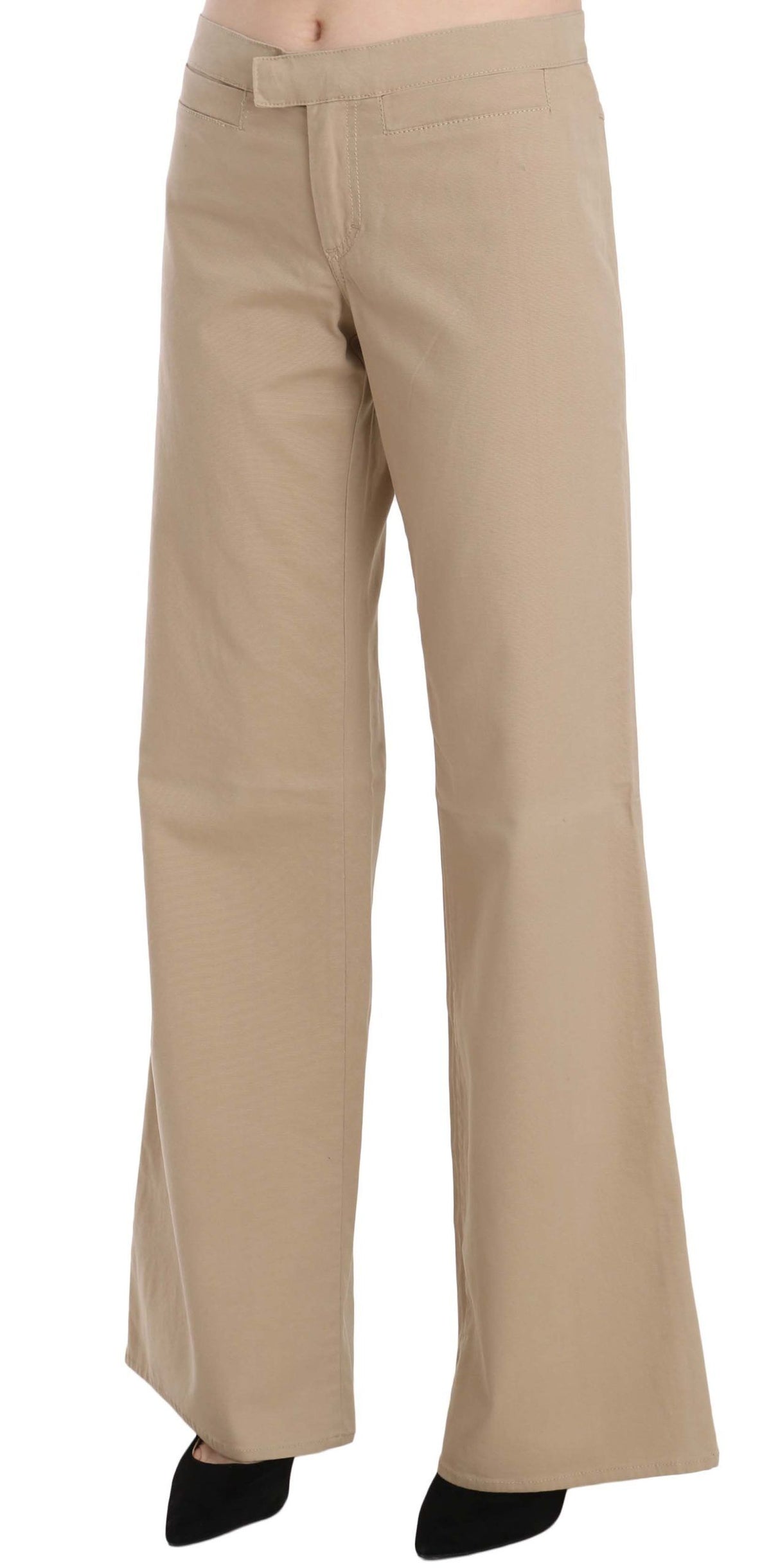 Just Cavalli | Beige Cotton Mid Waist Flared Trousers Pants