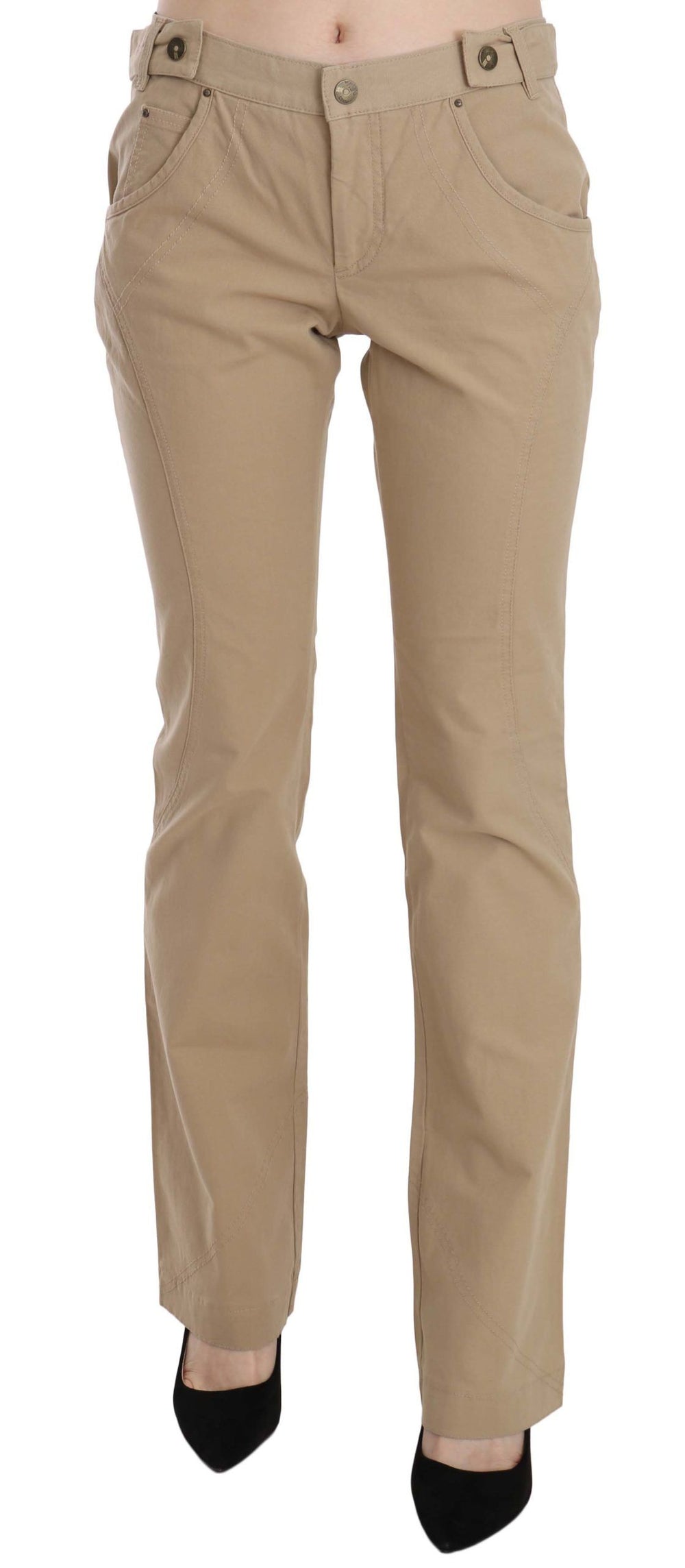 Just Cavalli | Beige Cotton Mid Waist Straight Trousers Pants