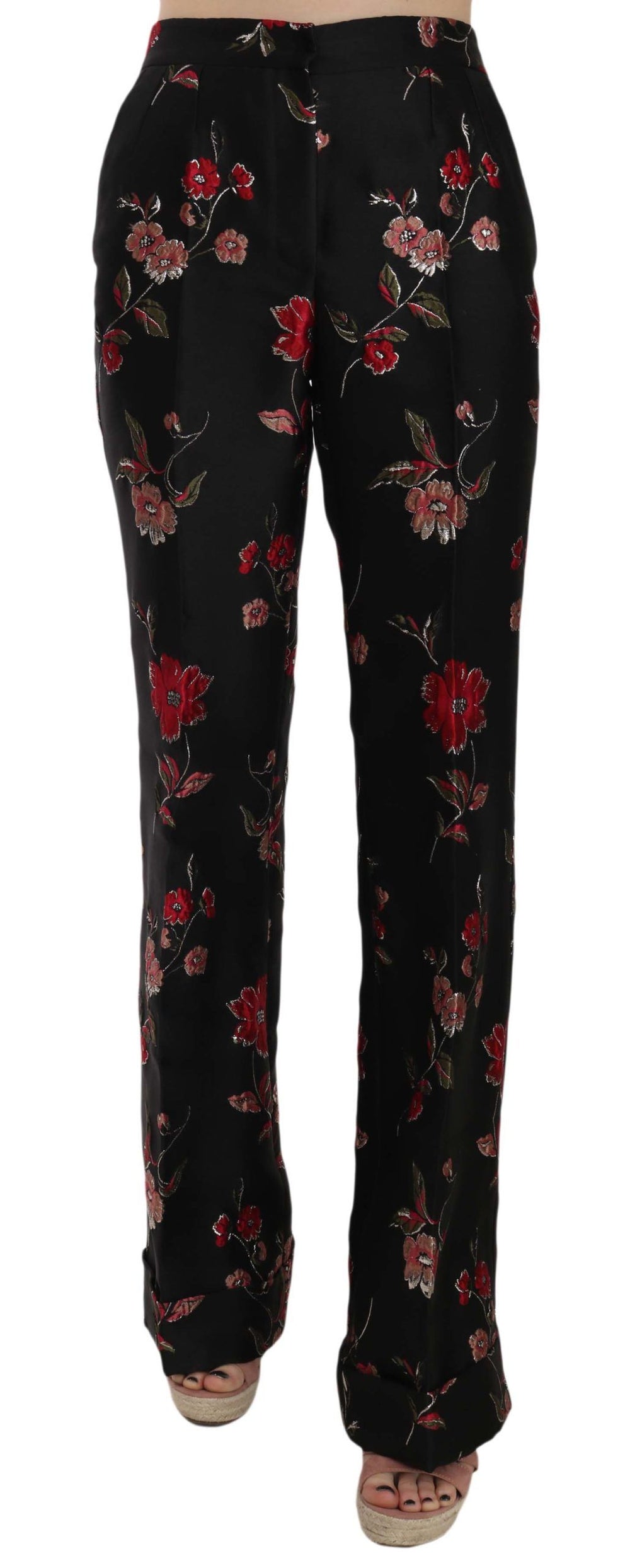 Dolce & Gabbana | Floral Print Black Boot Cut Trouser Pants