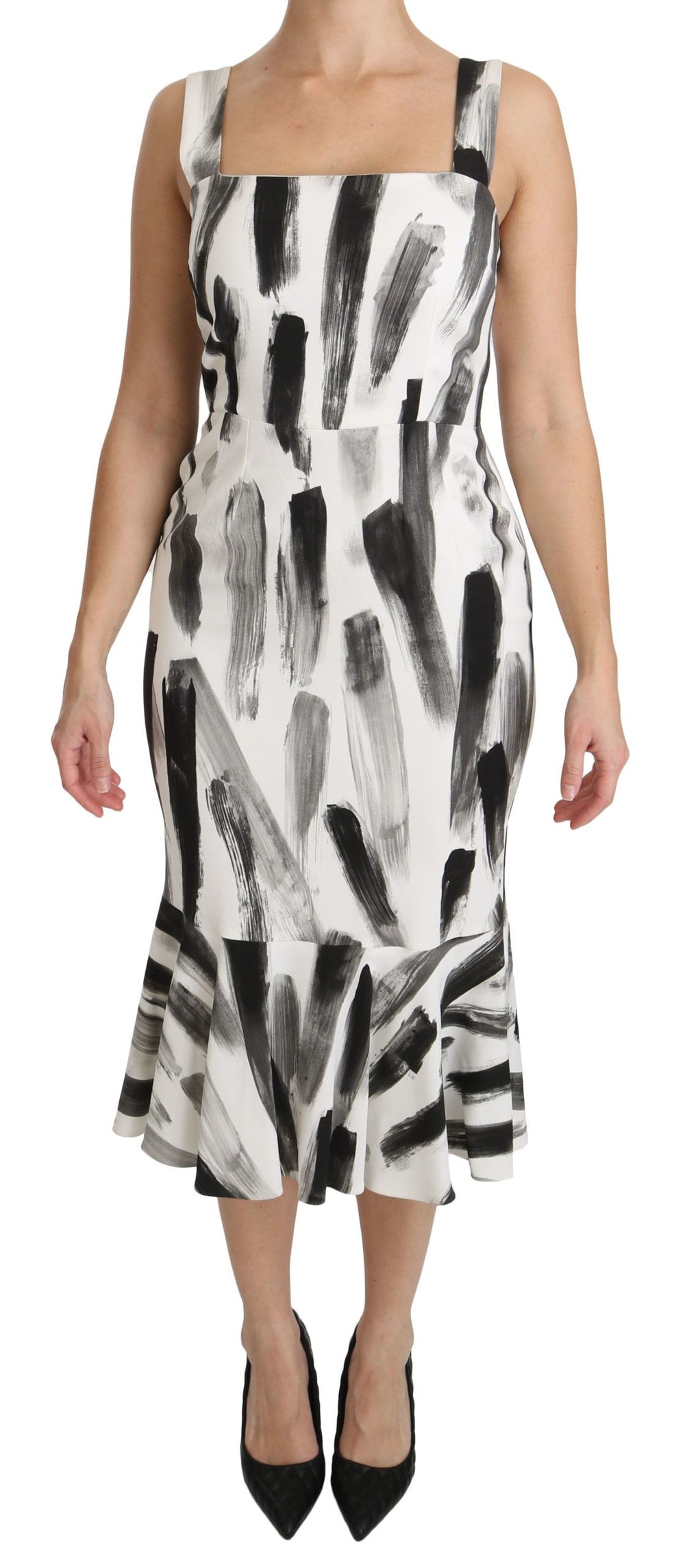Dolce & Gabbana | White Black Printed Sheath Midi Viscose Dress