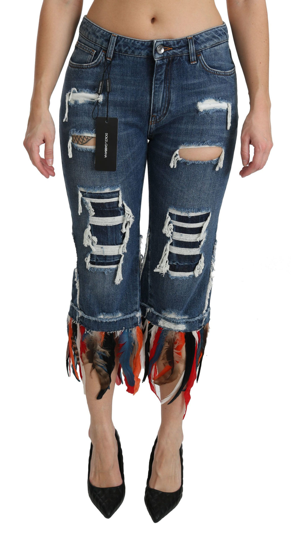 Dolce & Gabbana | Blue Feathers Low Waist Cropped Cotton Jeans