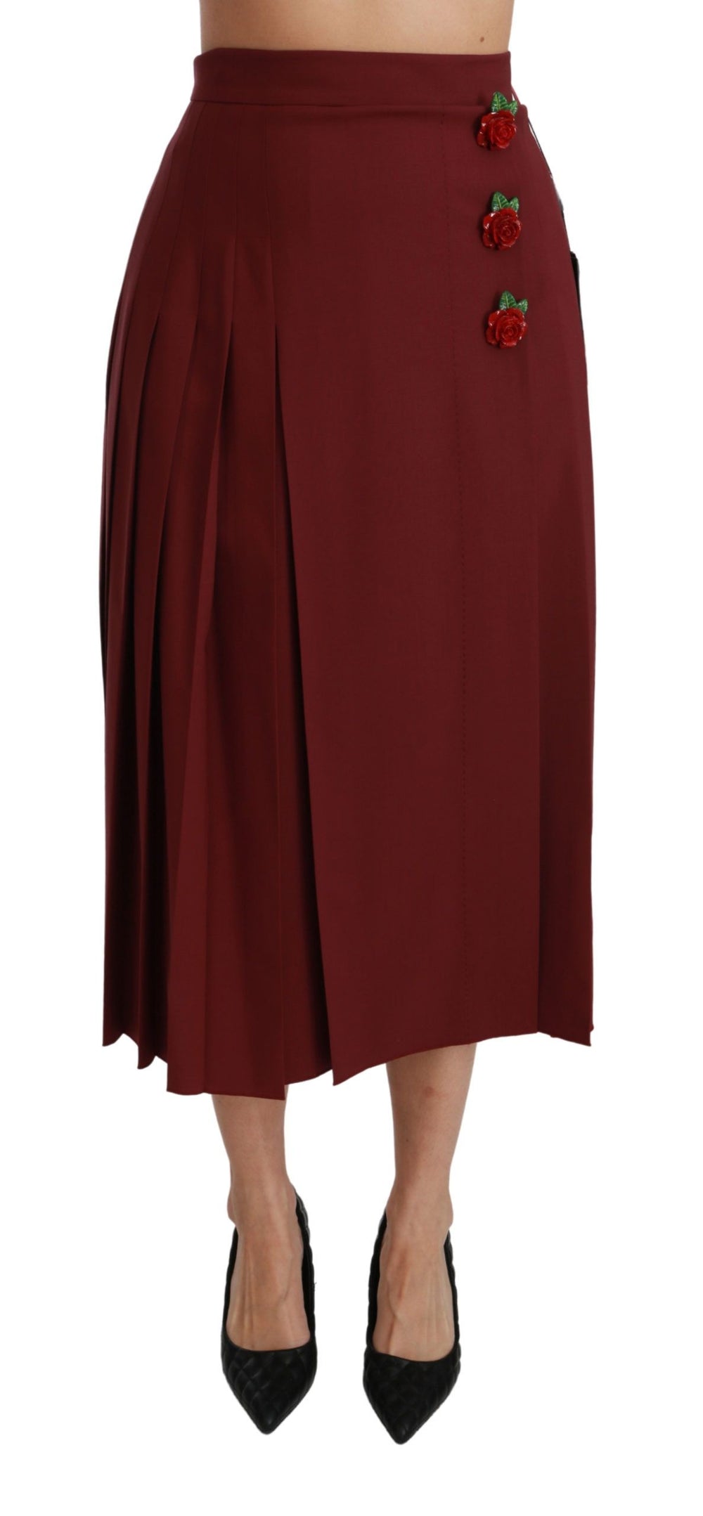 Dolce & Gabbana | Red High Waist Pleated Maxi Wool Skirt