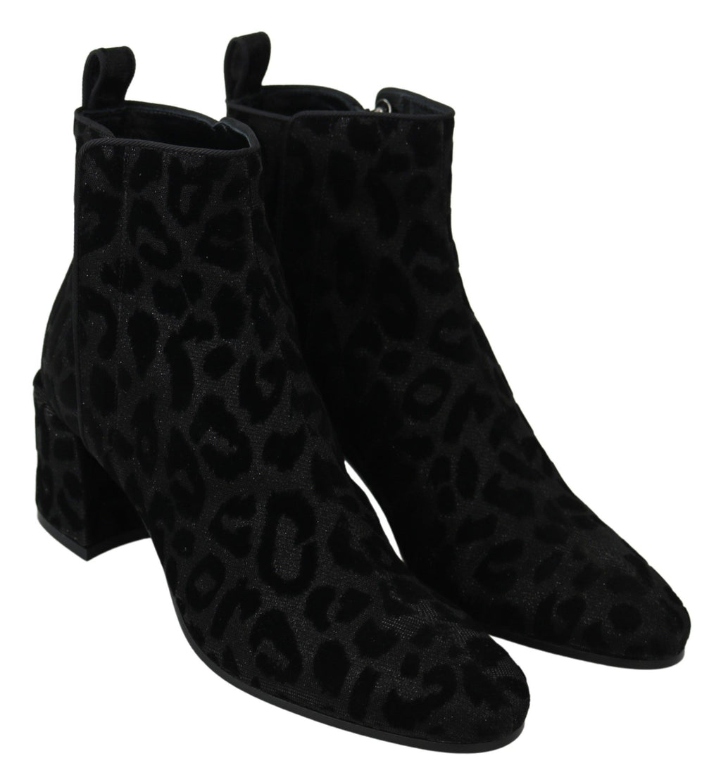 Dolce & Gabbana | Black Leopard Short Boots Zipper Shoes
