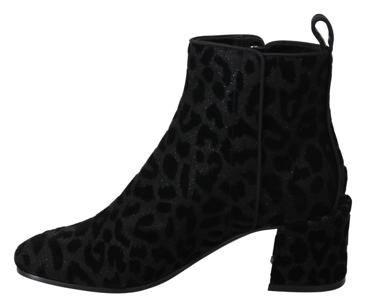 Dolce & Gabbana | Black Leopard Short Boots Zipper Shoes